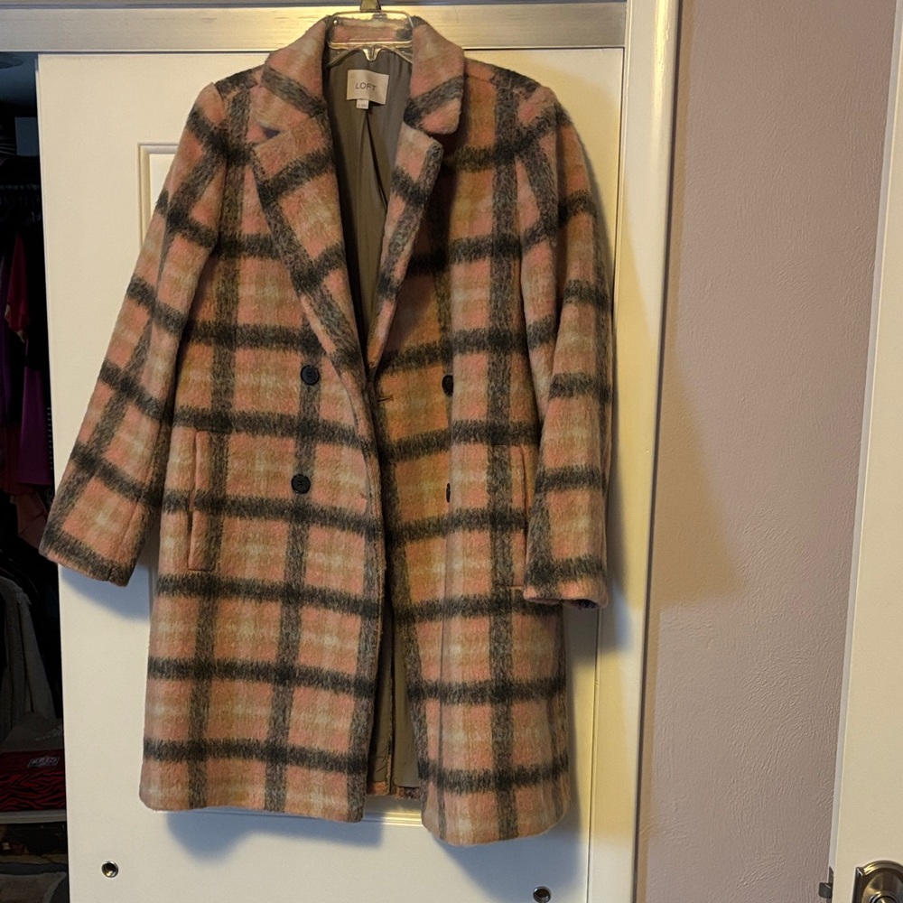 LOFT Pink and Black Plaid Pea Coat